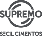 A logo da Supremo Secil Cimentos, uma empresa cliente da Soldtec. A logo consiste em um círculo com o início do nome, Supremo, no centro e o resto do nome da empresa, Secil Cimentos, abaixo. A cor da logo está em escala de cinza com o fundo transparente.